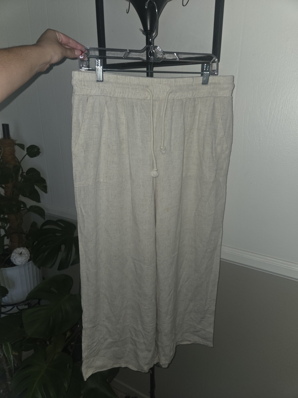 SHEIN Neutral Linen-Blend Drawstring Wide-Leg Pants